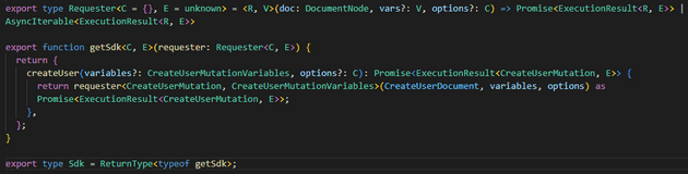 Types for a generic requester and an SDK with a method called createUser that makes use of the associated types